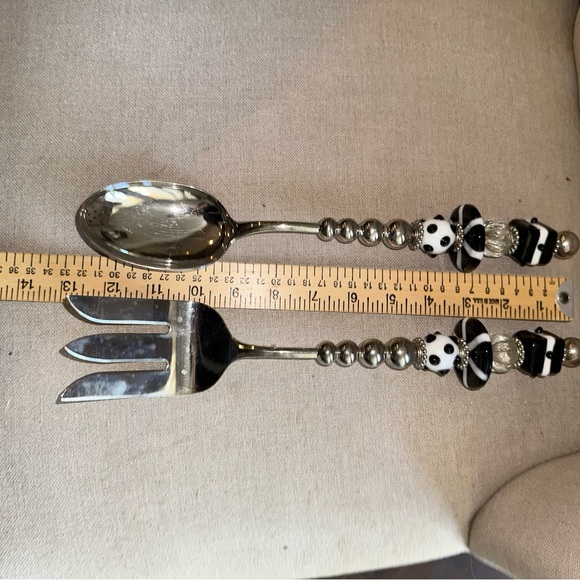 Mud Pie Serving Set Salad Utensils Metal Spoon Fork Art Glass Bead Handle MCM LG - Picture 12 of 13